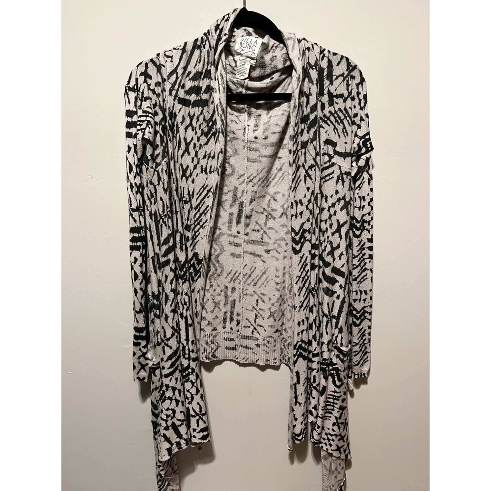 Billabong Womens Small Open Front Waterfall Cardigan Black White Abstract Print